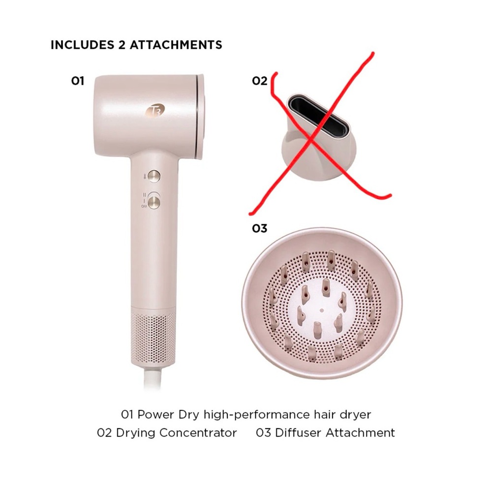 T3 Power Dry Satin Blush High Speed Hair Dryer Adjustable Settings with Diffuser - Picture 6 of 7